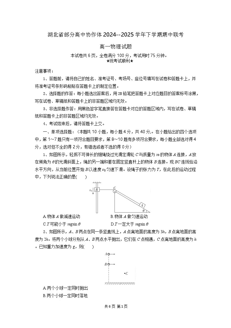 湖北省部分高中协作体2024-2025学年高一下学期4月期中联考物理试题 含解析第1页