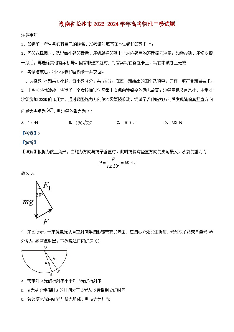 湖南省长沙市2023_2024学年高三物理下学期三模试题含解析第1页