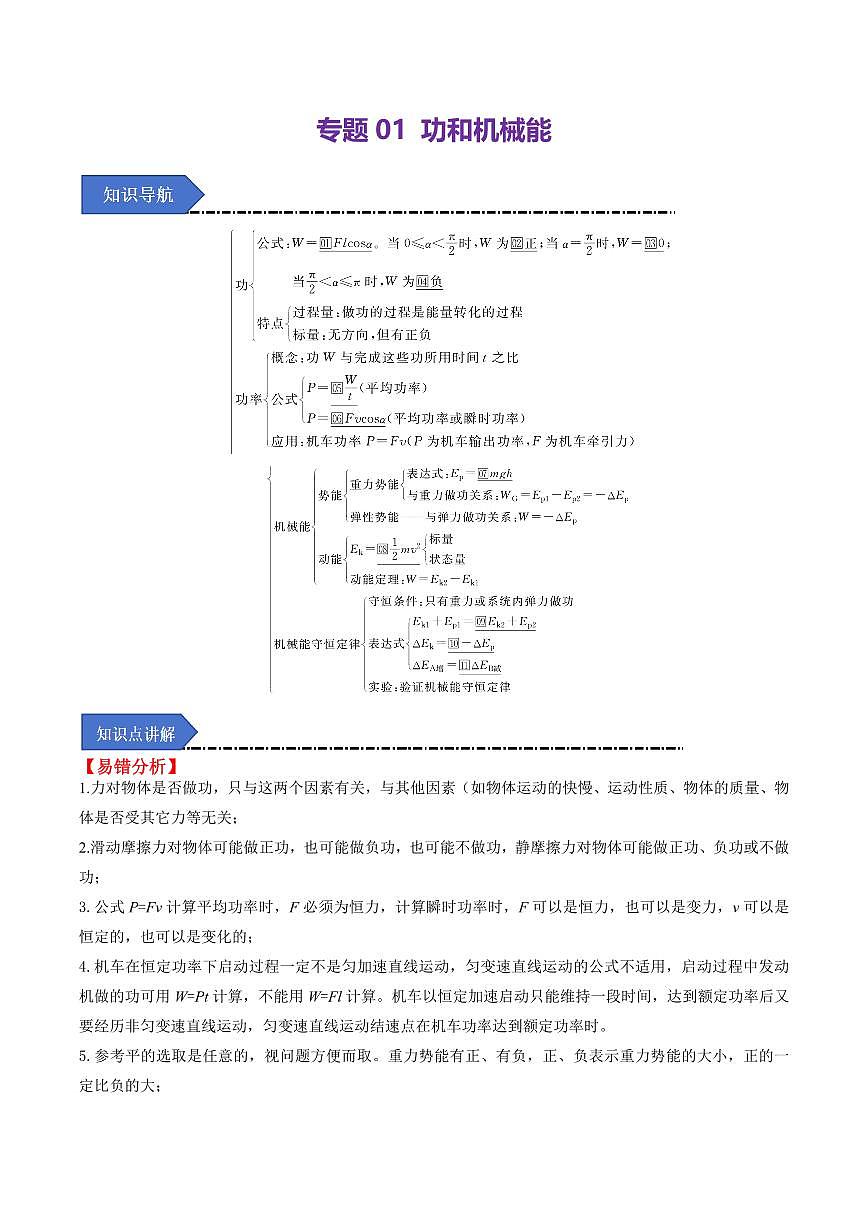 专题01 功和机械能（考点清单）（原卷版）2024-2025学年高一物理下学期期中考点大串讲（鲁科版2019必修第二册）第1页