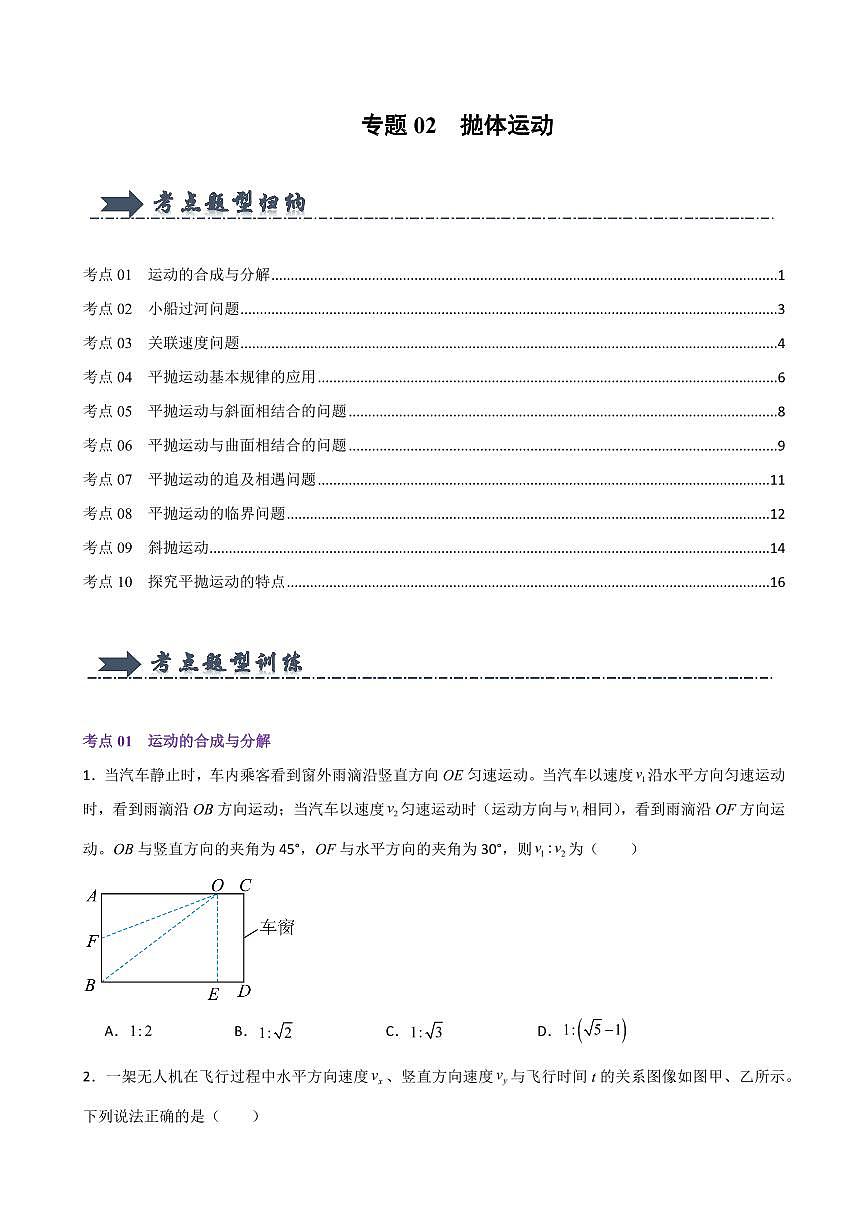 专题02  抛体运动（考题猜想）（原卷版）2024-2025学年高一物理下学期期中考点大串讲（鲁科版2019必修第二册）第1页
