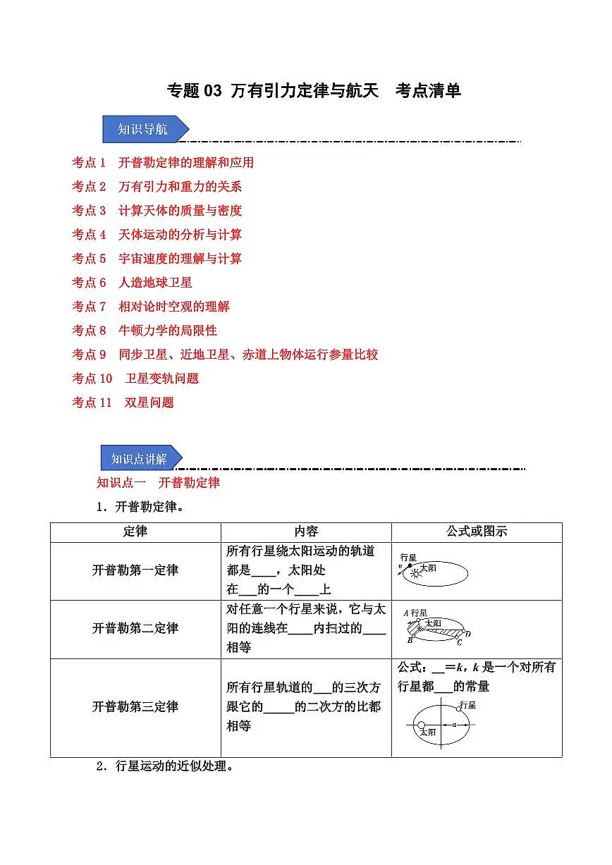 专题03 万有引力定律与航天（考点清单）（原卷版）2024-2025学年高一物理下学期期中考点大串讲（鲁科版2019必修第二册）第1页
