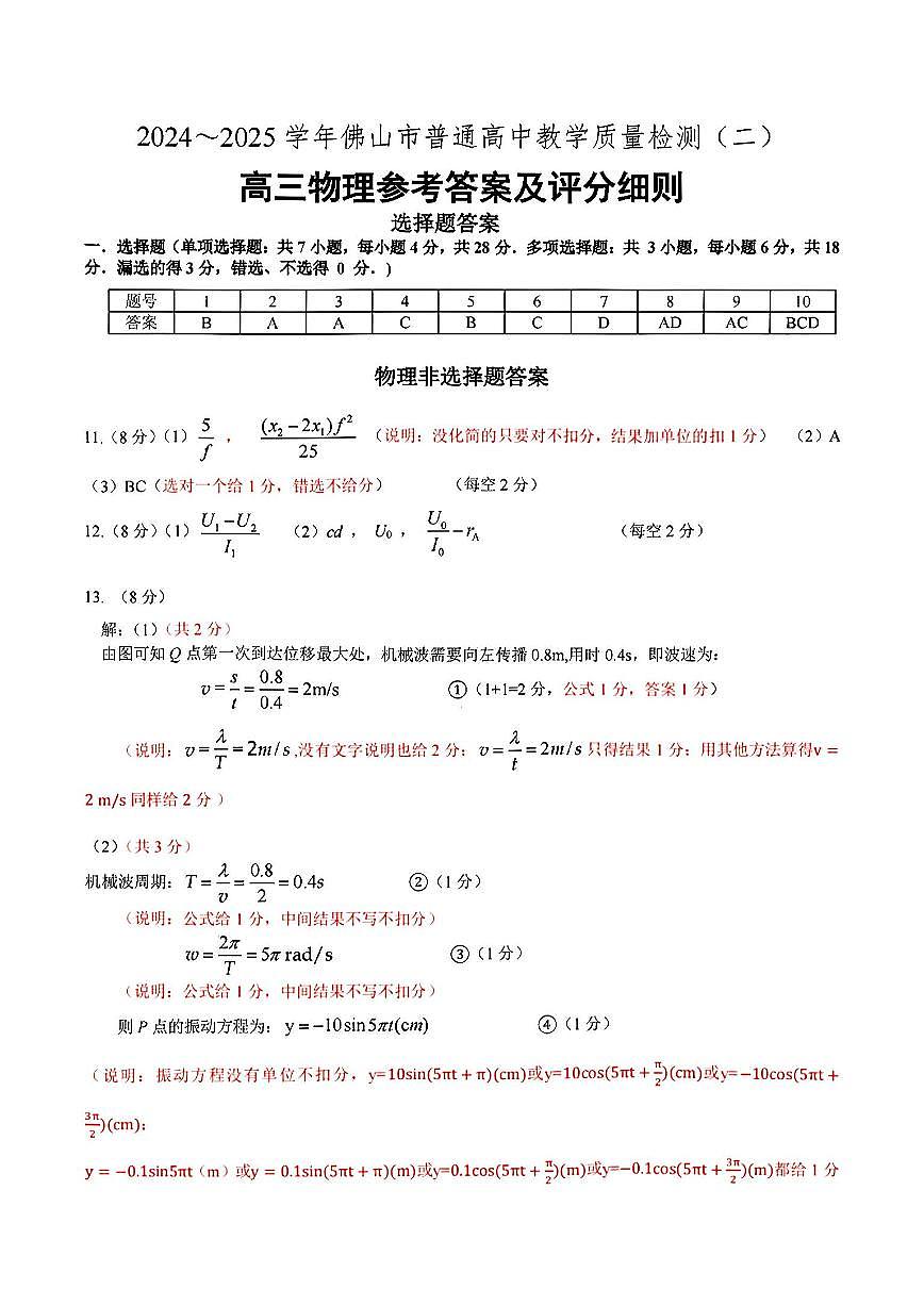 2025佛山二模物理答案第1页