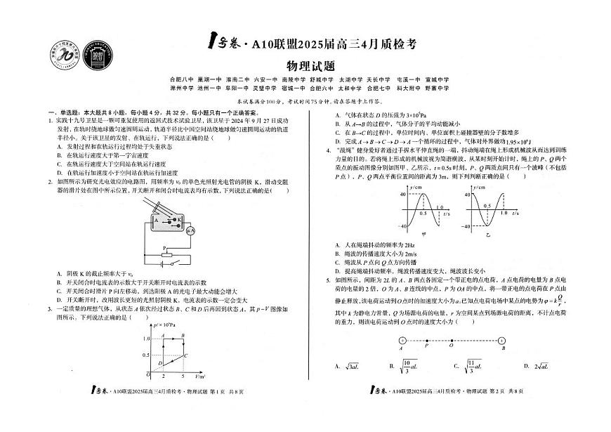 2025届安徽A10联盟高三4月质检物理试题第1页