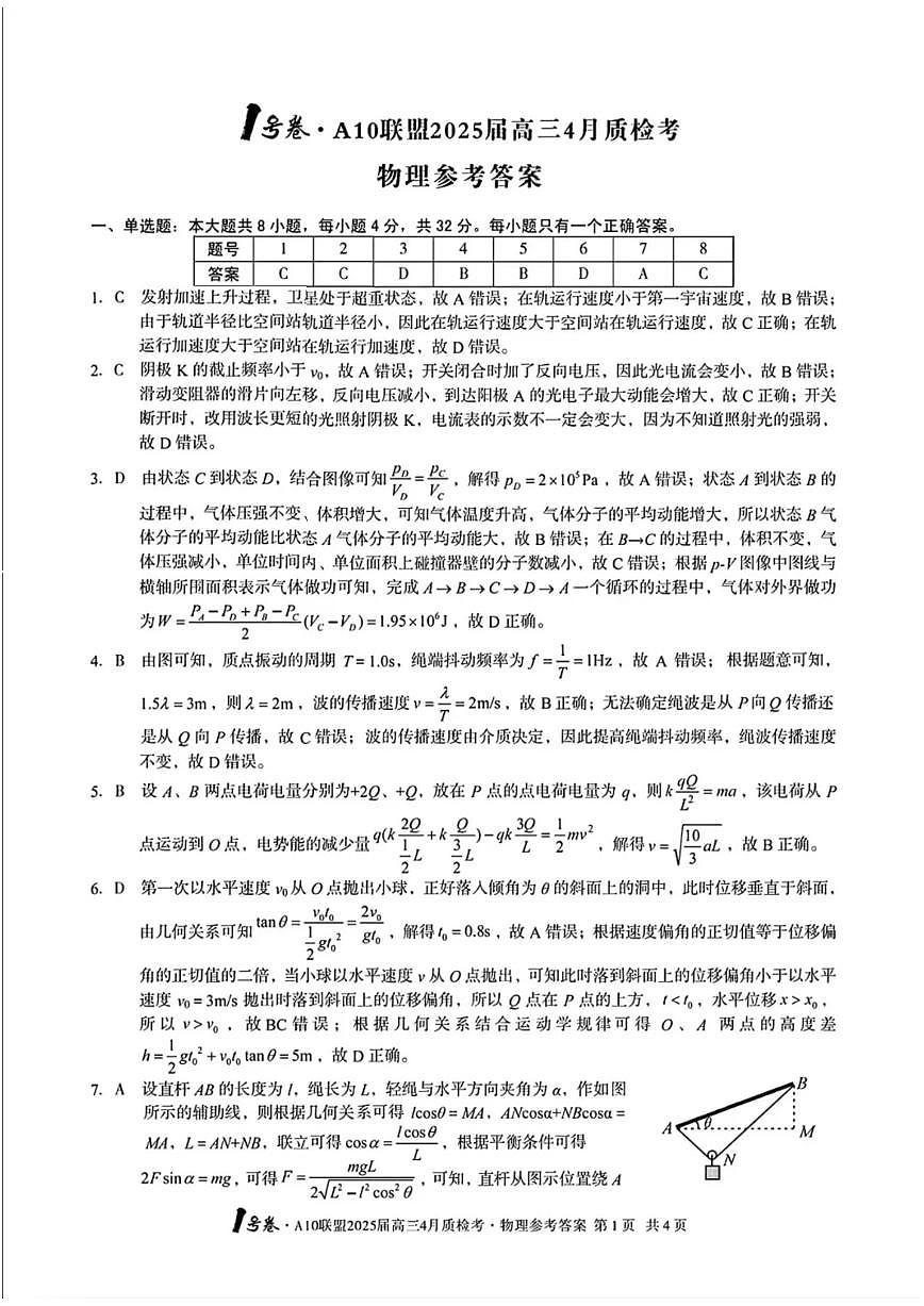 2025届安徽A10联盟高三4月质检物理答案第1页
