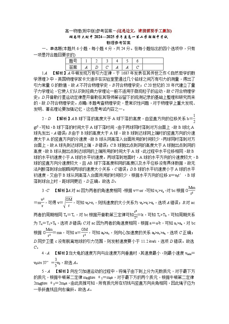 附中高一物理(2期)期中答案第1页