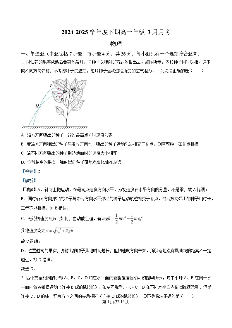 四川省成都外国语学校2024-2025学年高一下学期3月月考物理试题 Word版含解析第1页