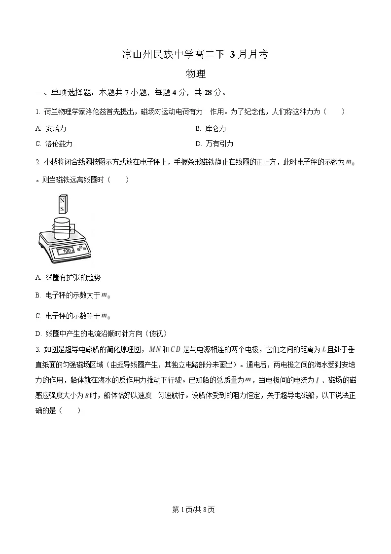 四川省凉山州民族中学2024-2025学年高二下学期3月月考物理试题（原卷版）第1页