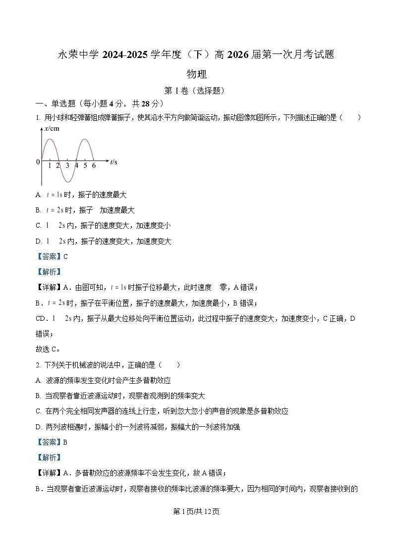 重庆市荣昌永荣中学2024-2025学年高二下学期3月月考物理试题 Word版含解析第1页