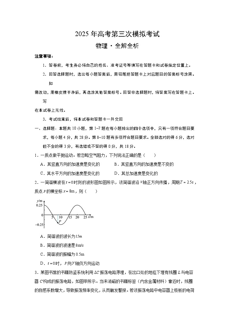 2025年高考第三次模拟考试卷：物理（云南卷）考试版第1页