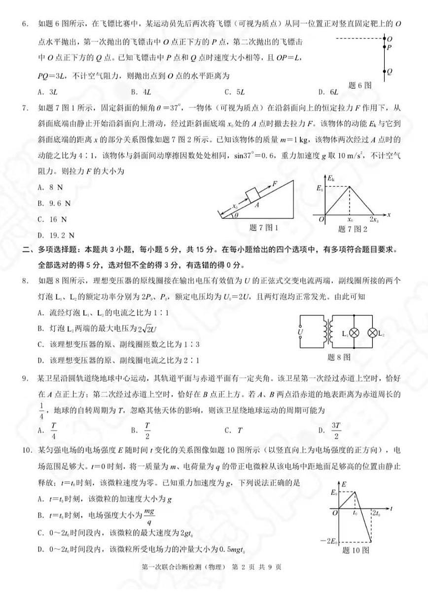 2024届重庆市普通高等学校招生高三第一次联合诊断检测 物理试卷（含答案）第2页
