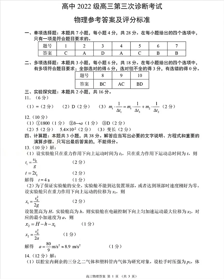四川省元三维大联考·高2022级第三次诊断性测试物理答案第1页