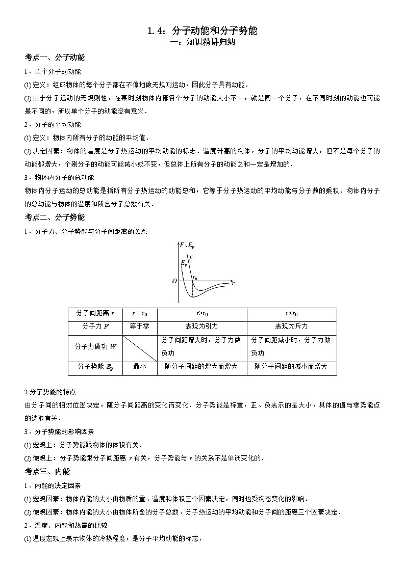 1.4 分子动能和分子势能-高二物理精讲与精练高分突破考点专题系列（人教版2019选择性必修第三册）第1页
