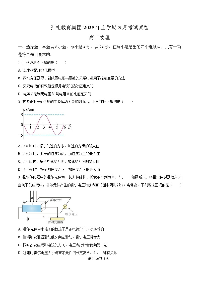 湖南省长沙市雅礼集团2024-2025学年高二下学期3月月考物理试卷（原卷版）第1页