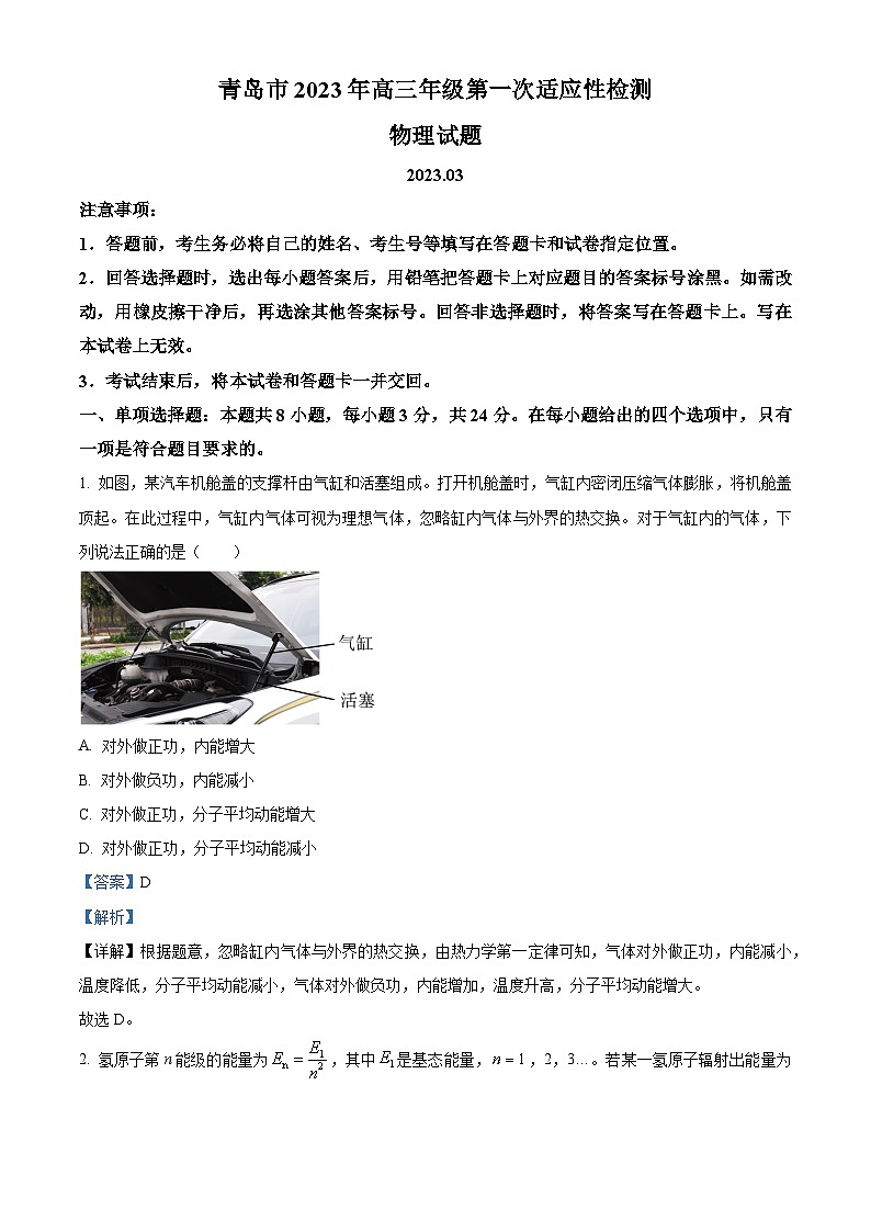 山东省青岛市2022-2023学年高三下学期一模 物理试题 附解析第1页