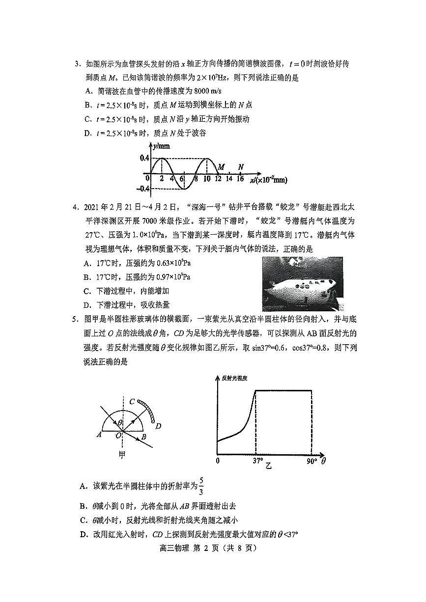 2024届辽宁省沈阳市高中三年级教学质量监测（一）物理试卷（含答案）第2页
