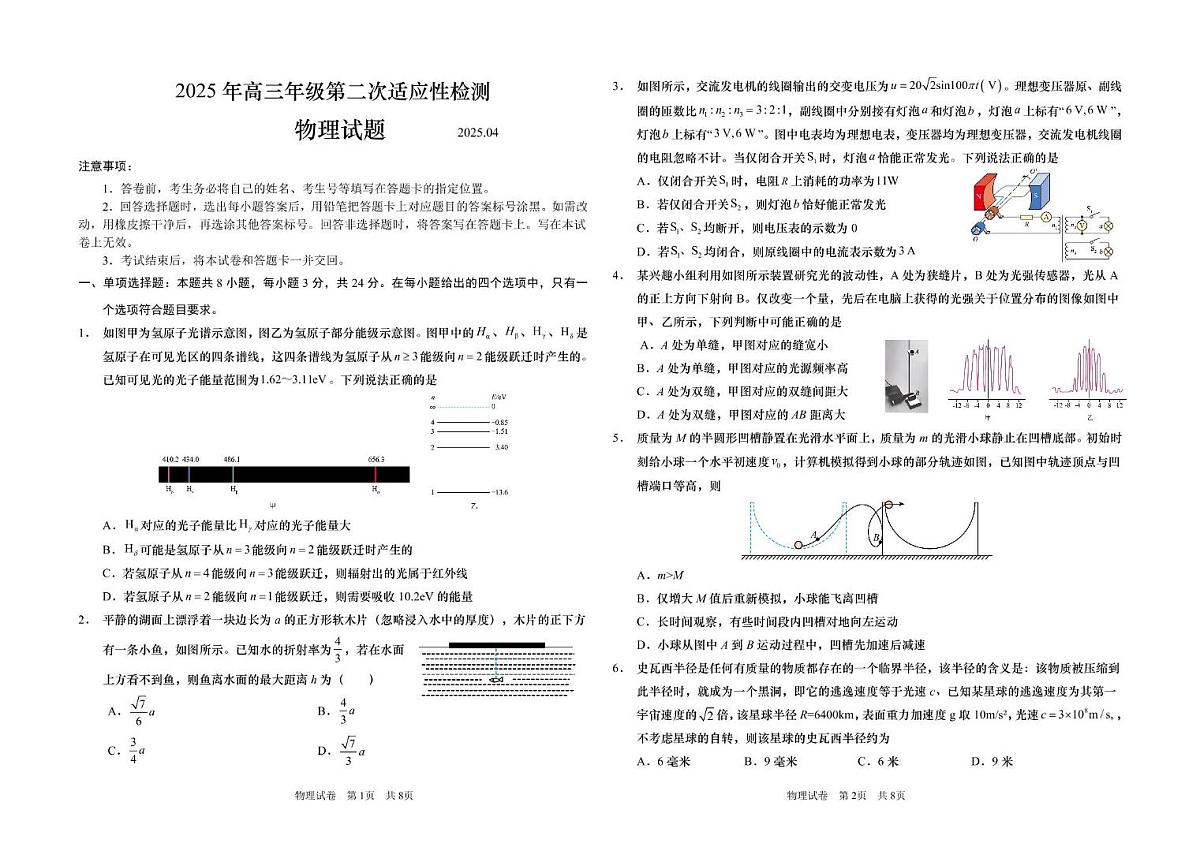 2025届山东省高三下学期第二次适应性模拟检测物理试题第1页