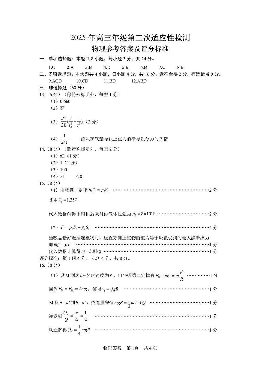 2025届山东省高三下学期第二次适应性模拟检测物理答案第1页