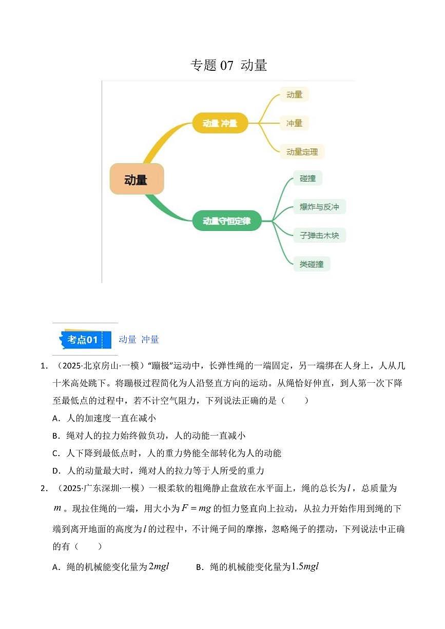 2025年高考物理一模试题分类汇编（新高考通用）专题07 动量（原卷版）第1页