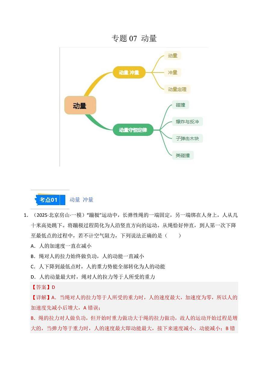2025年高考物理一模试题分类汇编（新高考通用）专题07 动量（解析版）第1页