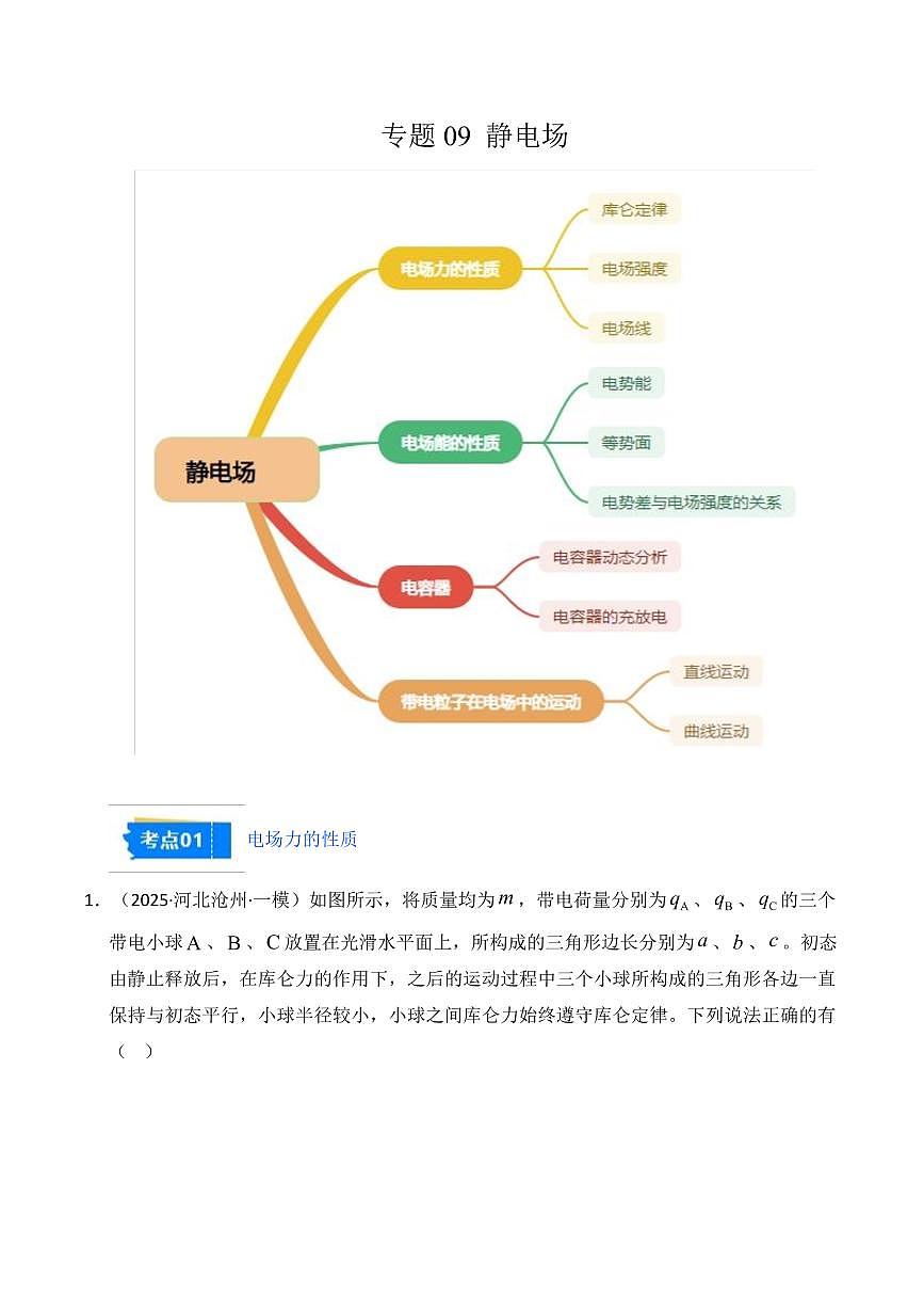 2025年高考物理一模试题分类汇编（新高考通用）专题09 静电场（新高考通用）（解析版）第1页