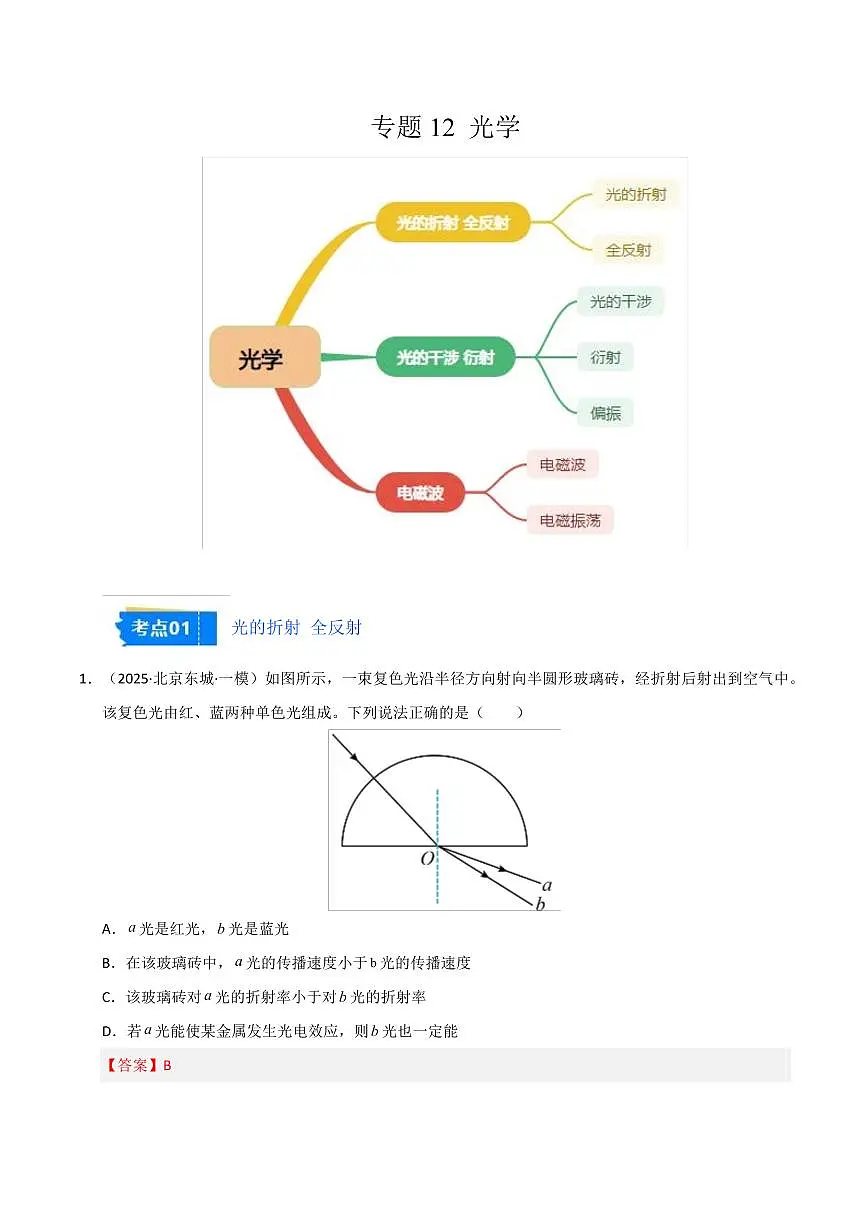 2025年高考物理一模试题分类汇编（新高考通用）专题12 光学（新高考通用）（解析版）第1页