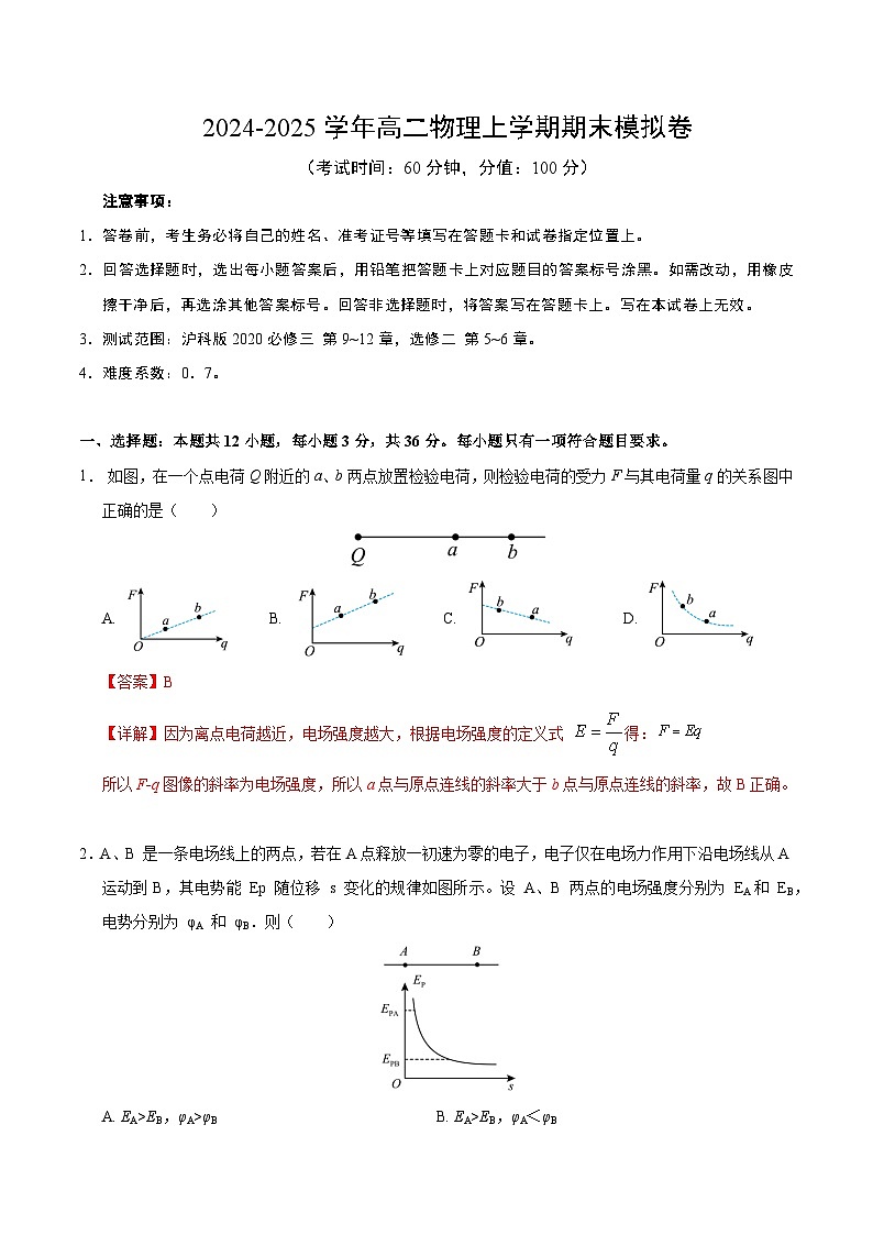 高二物理期末模拟卷（全解全析）（上海专用）第1页