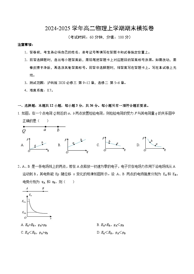 高二物理期末模拟卷【测试范围：沪科版2020必修三9~12章，选修二5~6章】（考试版）（上海专用） 第1页