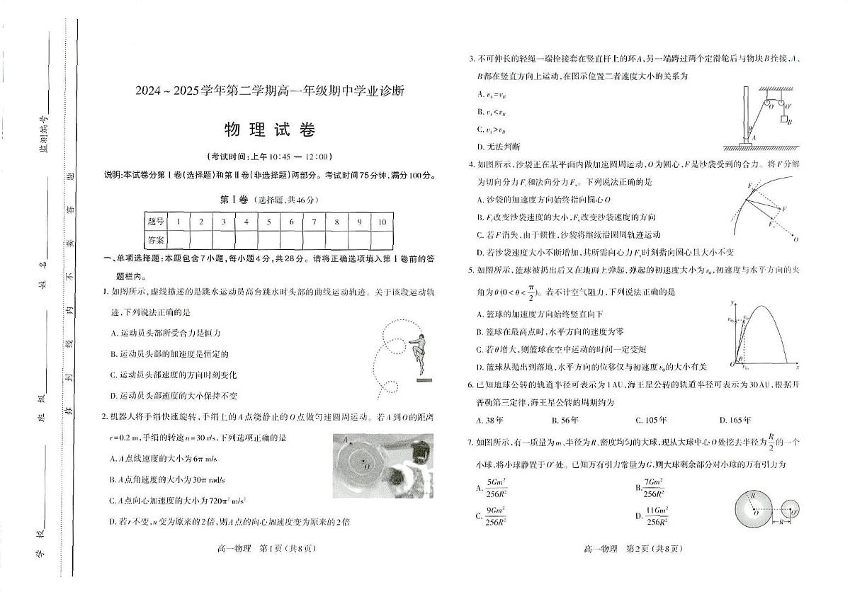 山西省太原市2024-2025学年高一下学期期中考试物理试卷（PDF版附答案）第1页