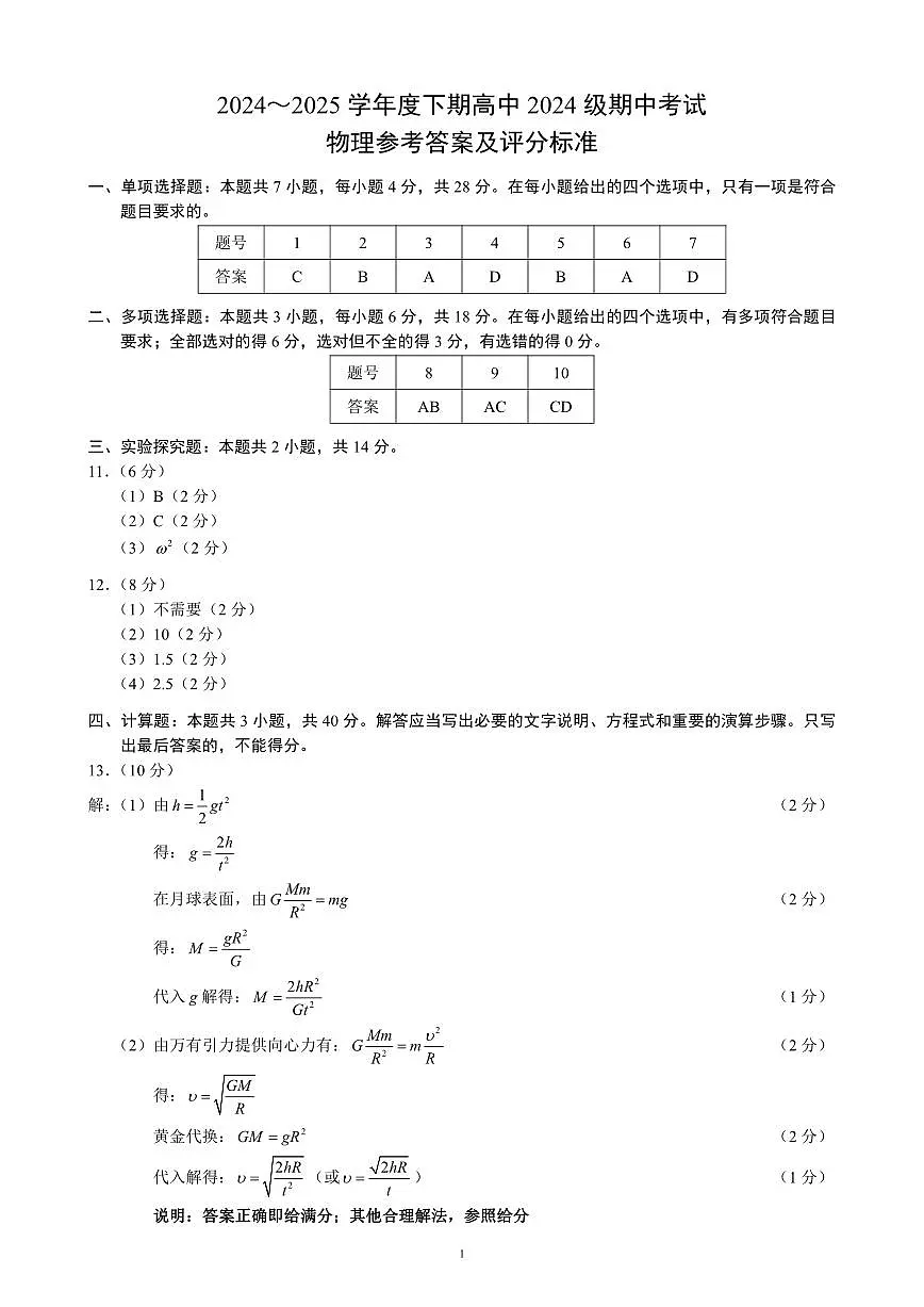 四川成都蓉城名校联盟2024-2025学年高一下学期期中考试物理答案第1页