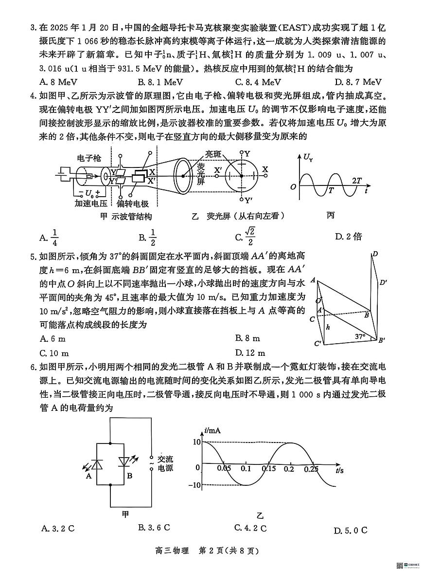 2025届河北省沧州市高三下学期4月复习质量监测（二模）物理试题（含答案）第2页