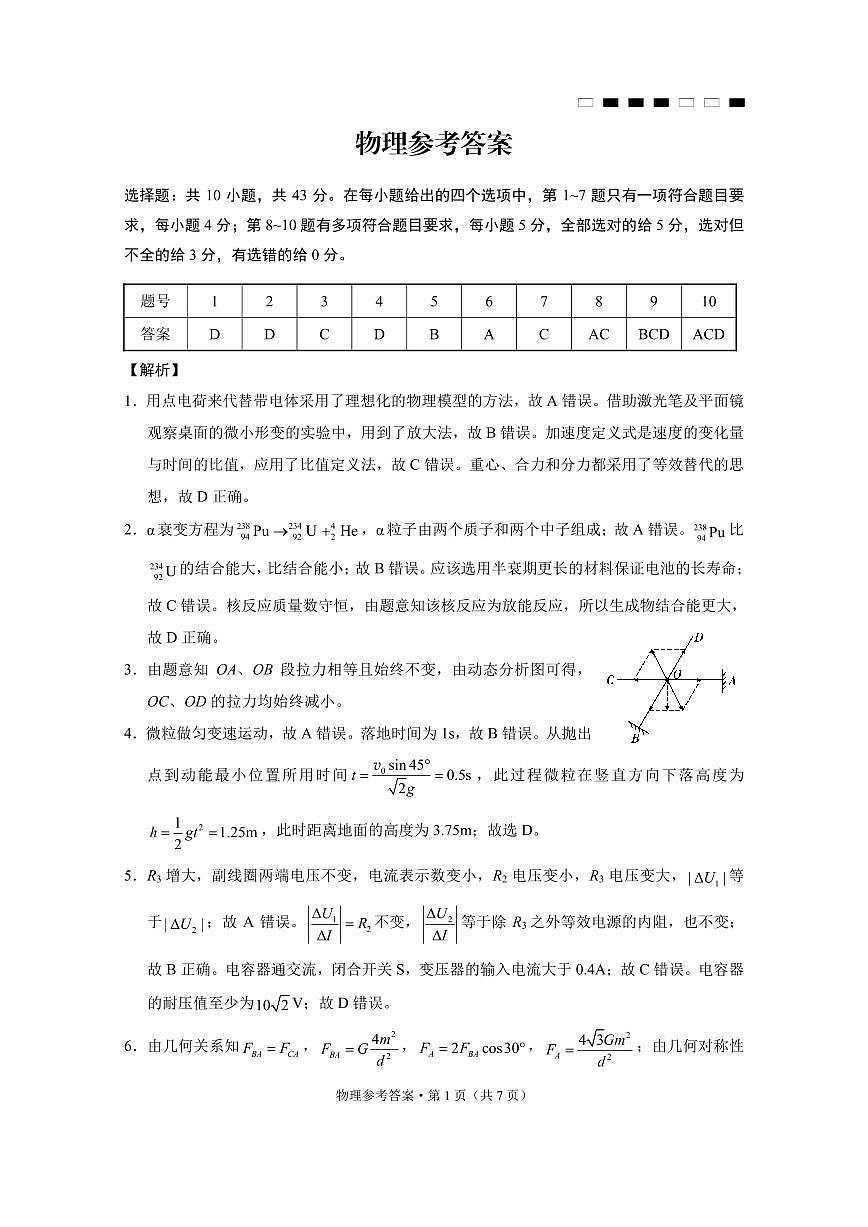 巴蜀中学2025届高考适应性月考卷（七）物理答案第1页