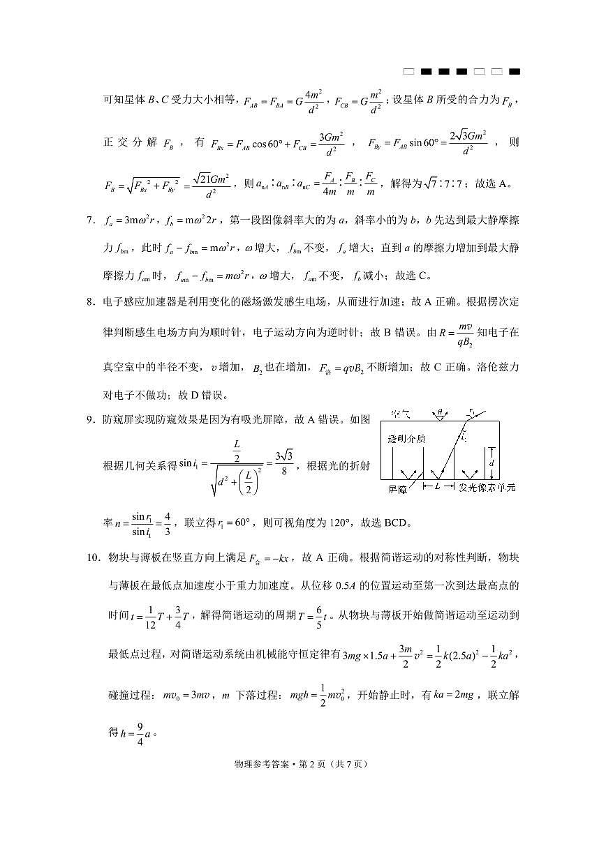 巴蜀中学2025届高考适应性月考卷（七）物理答案第2页
