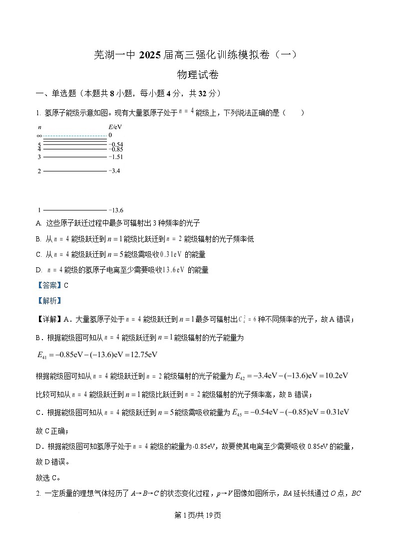安徽省芜湖市第一中学2025届高三下学期3月教学质量诊断测试物理试卷 Word版含解析第1页