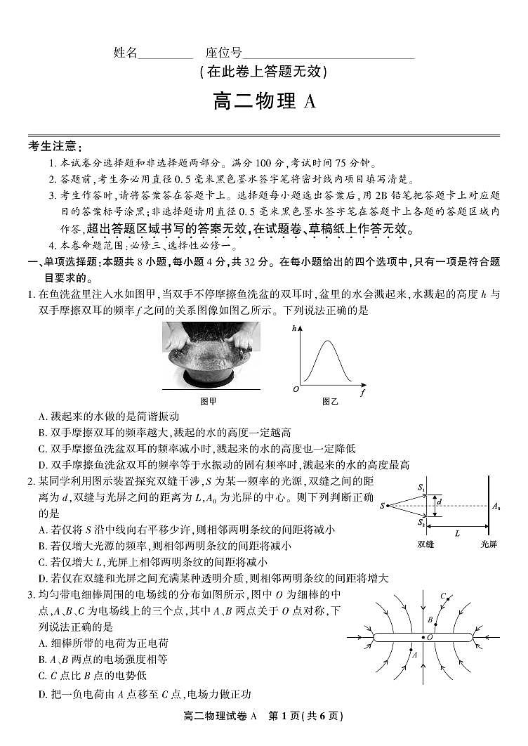 物理试题A·2025年4月高二期中联考第1页