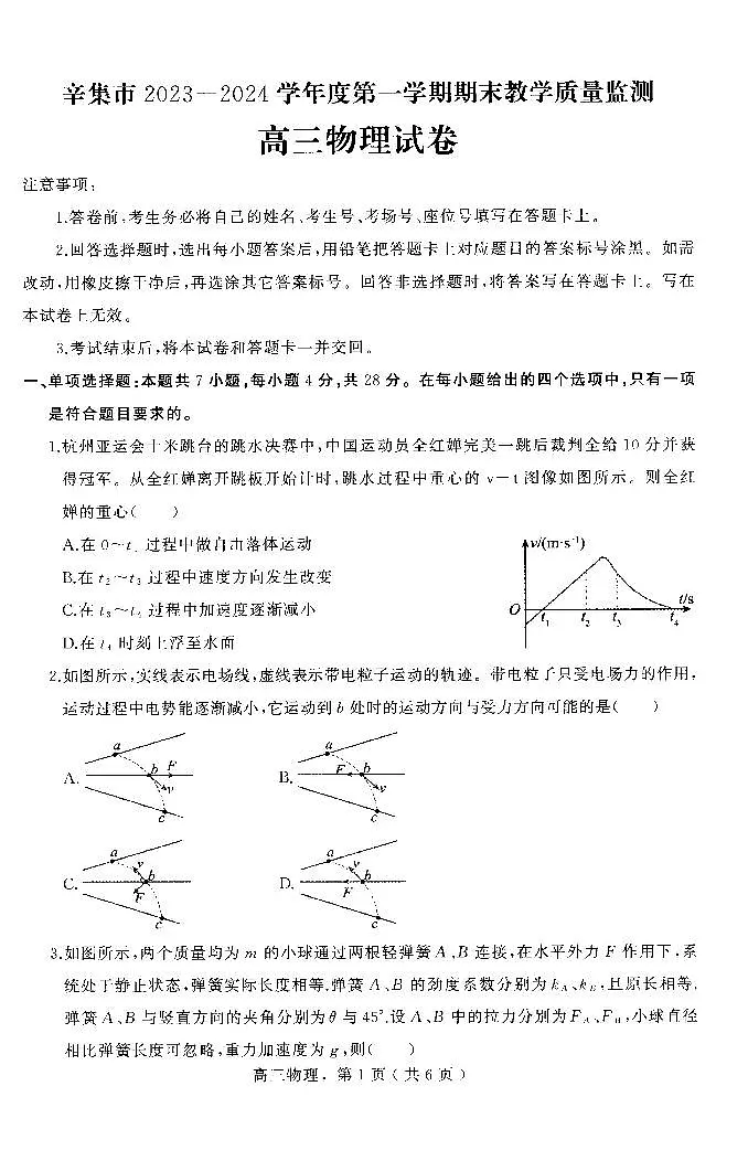 河北省石家庄市辛集市2023-2024学年高三2月期末物理试卷（含答案）第1页
