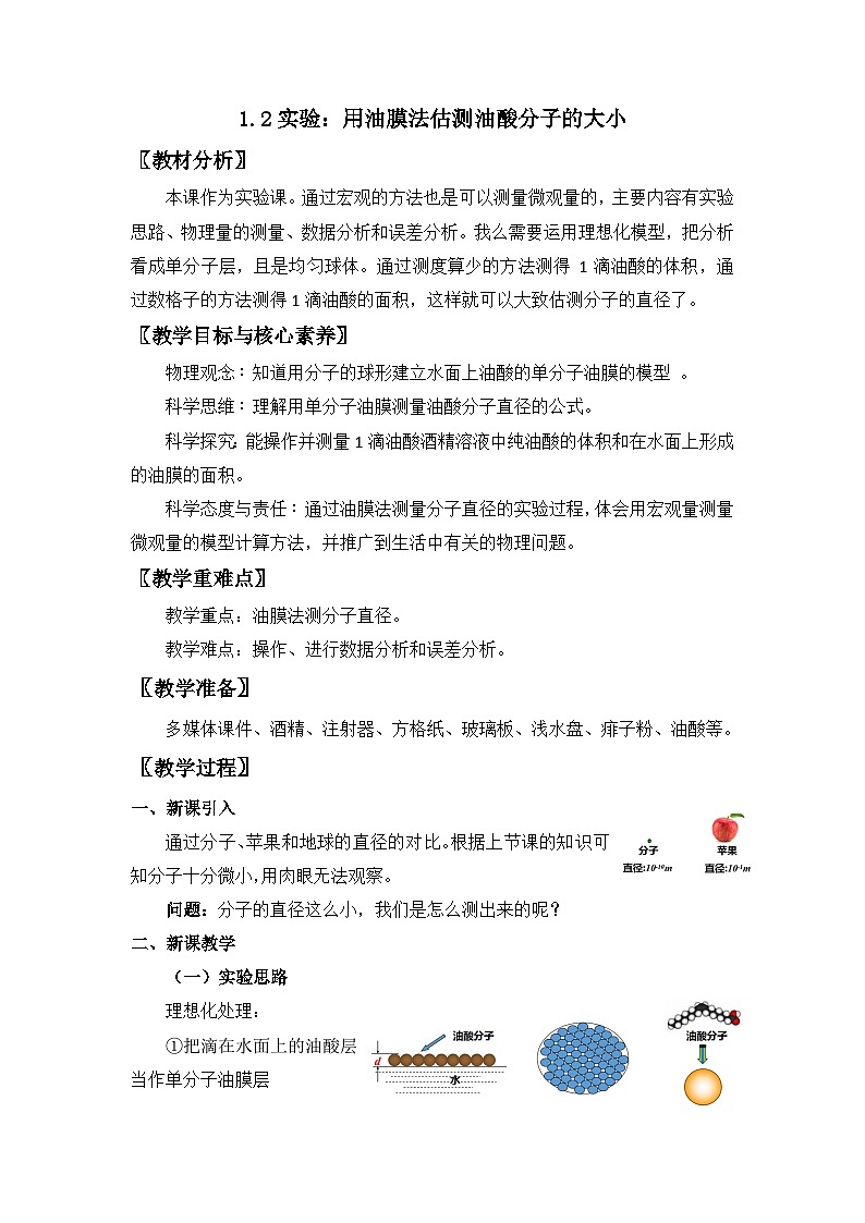 人教版高中物理选择性必修三 1-2《实验：用油膜法估测油酸分子的大小》教案第1页