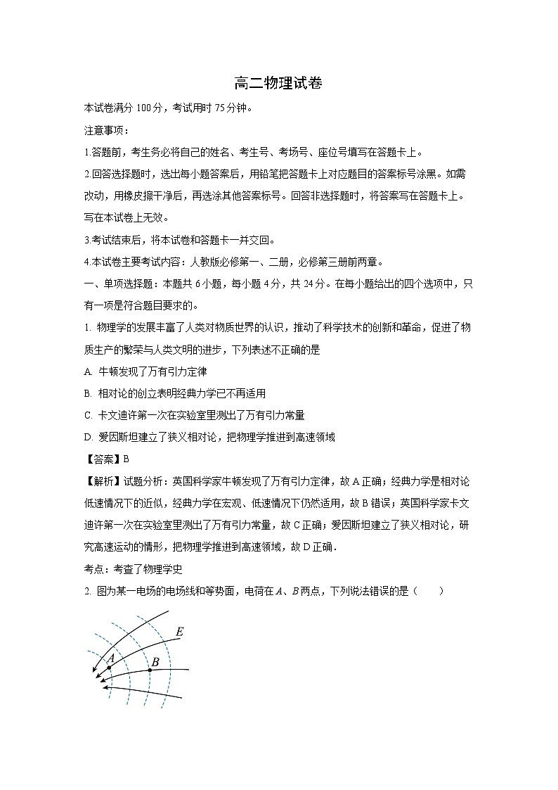 湖南省部分名校2024-2025学年高二上学期开学联考物理试卷（解析版）第1页