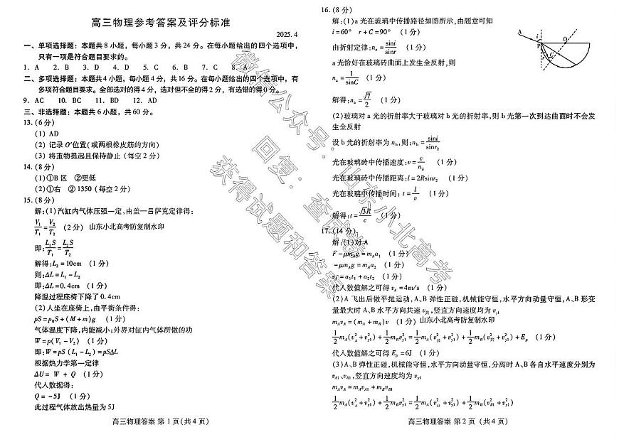 山东省潍坊市2025届高三高考模拟考试物理答案第1页