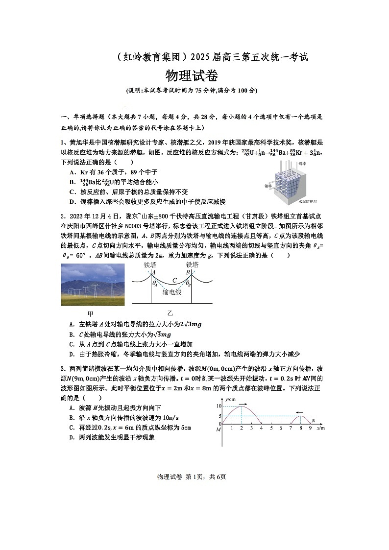 广东省深圳市红岭教育集团2024-2025学年高三下学期第五次统一考试（图片版）物理试卷第1页
