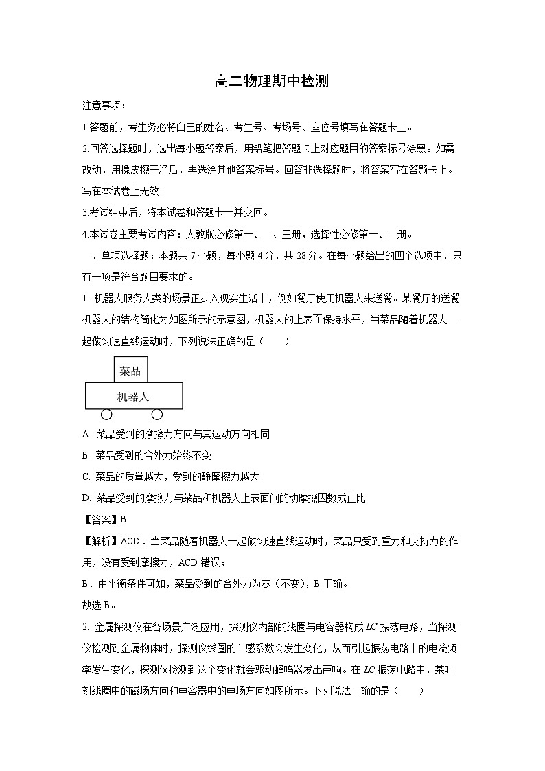 广东省名校联盟2023-2024学年高二下学期期中质量检测物理试卷（解析版）第1页