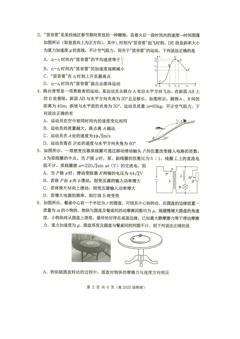 2025届重庆市名校联盟高三下学期3月考第一次联合考试（图片版）物理试卷第2页