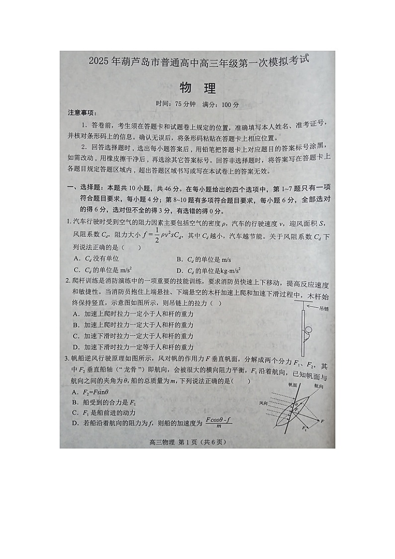 2025届辽宁省葫芦岛市高三下学期一模考试（图片版）物理试卷第1页