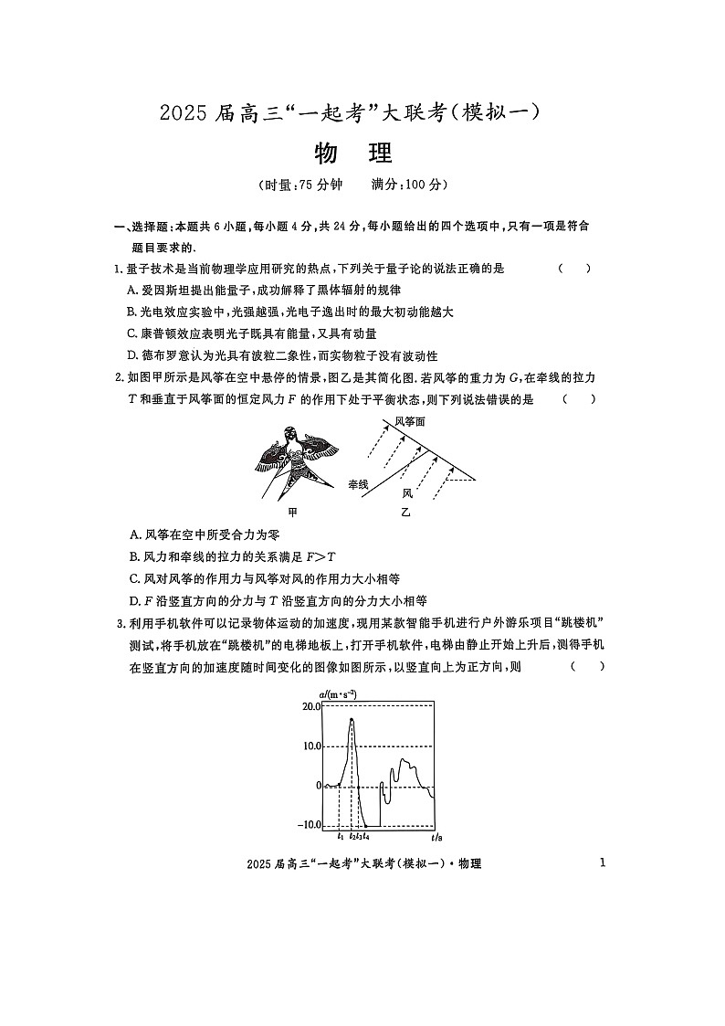 2025届湖南省“一起考”大联考高三下学期一模（图片版）物理试卷第1页