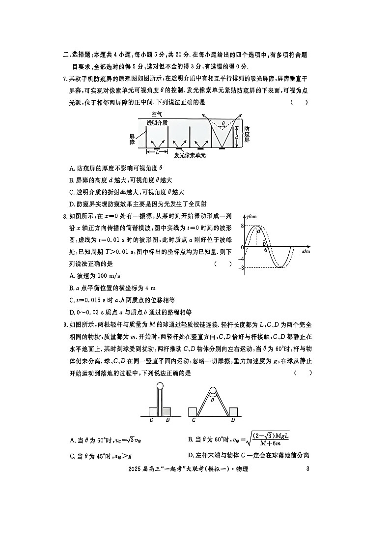 2025届湖南省“一起考”大联考高三下学期一模（图片版）物理试卷第3页