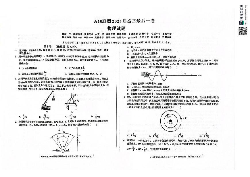 安徽省A10联盟2024届高三下学期最后一卷物理试题 saomiao第1页