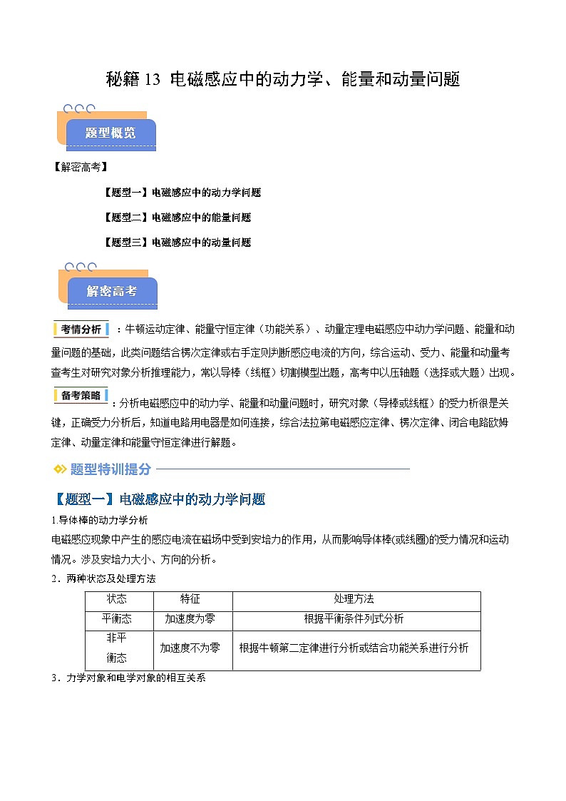 备战2025年高考物理（山东专用）抢分秘籍13电磁感应中的动力学、能量和动量问题（三大题型）（学生版）第1页