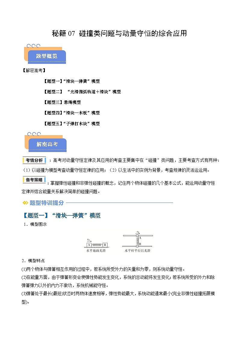 备战2025年高考物理（新高考专用）抢分秘籍07碰撞类问题与动量守恒的综合应用（五大题型）（学生版）第1页