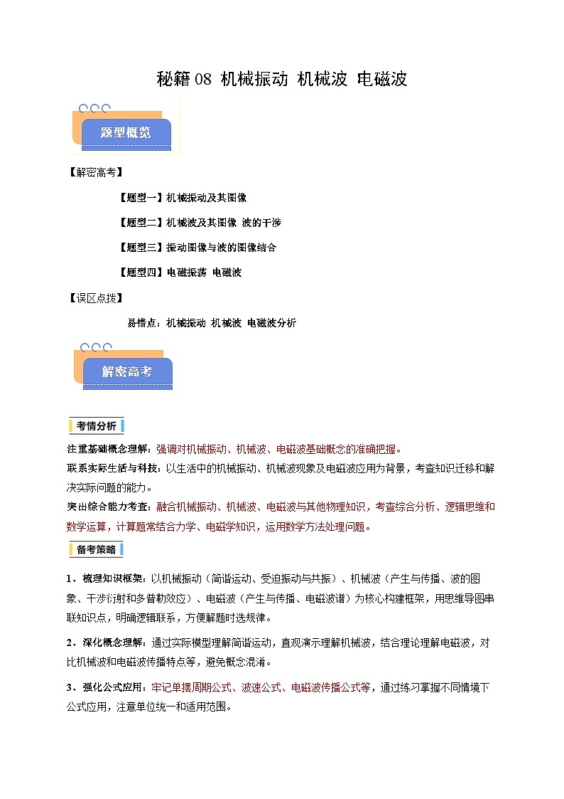 备战2025年高考物理（浙江专用）抢分秘籍08机械振动机械波电磁波（四大题型）（学生版）第1页