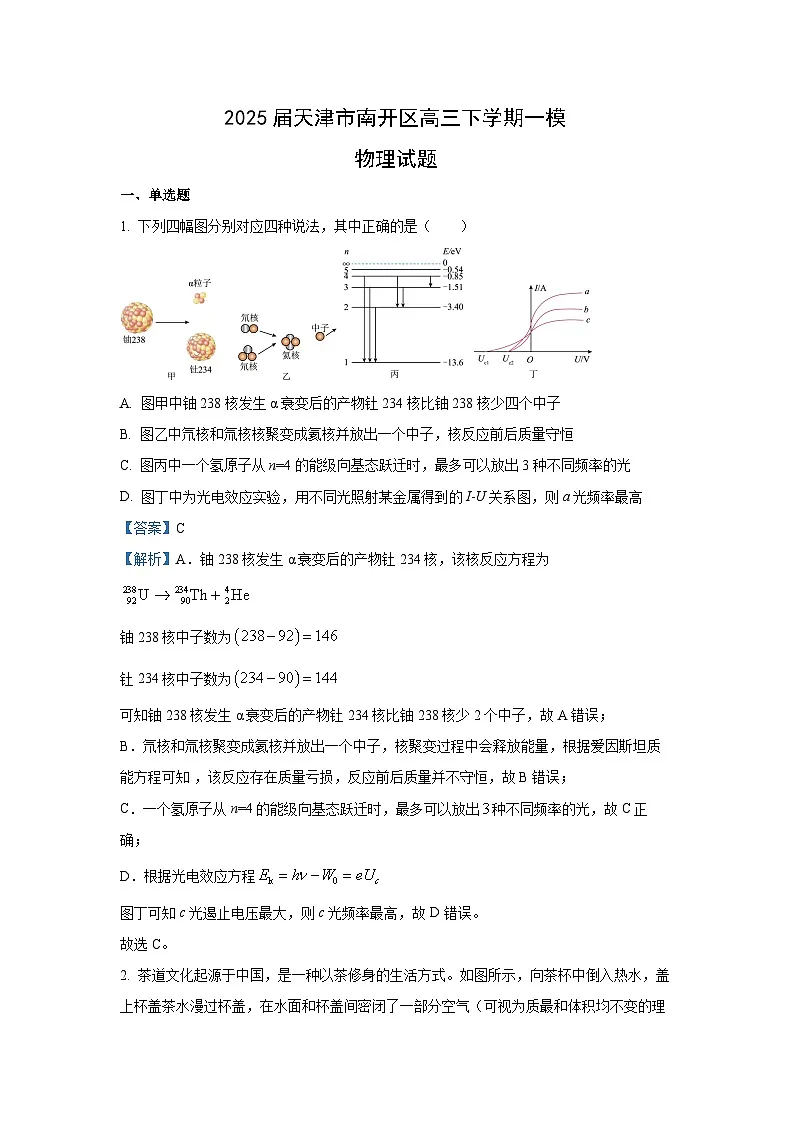 2025届天津市南开区高三下学期一模物理试卷（解析版）第1页