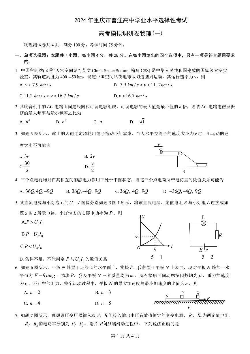 2024年重庆市普通高中学业水平选择性考试高考模拟调研卷（一）物理试卷（含答案）第1页